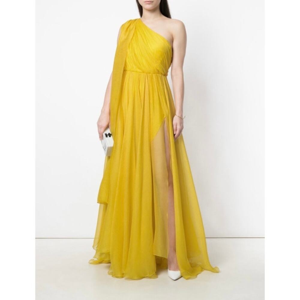 One-Shoulder Yellow Chiffon Evening Gown